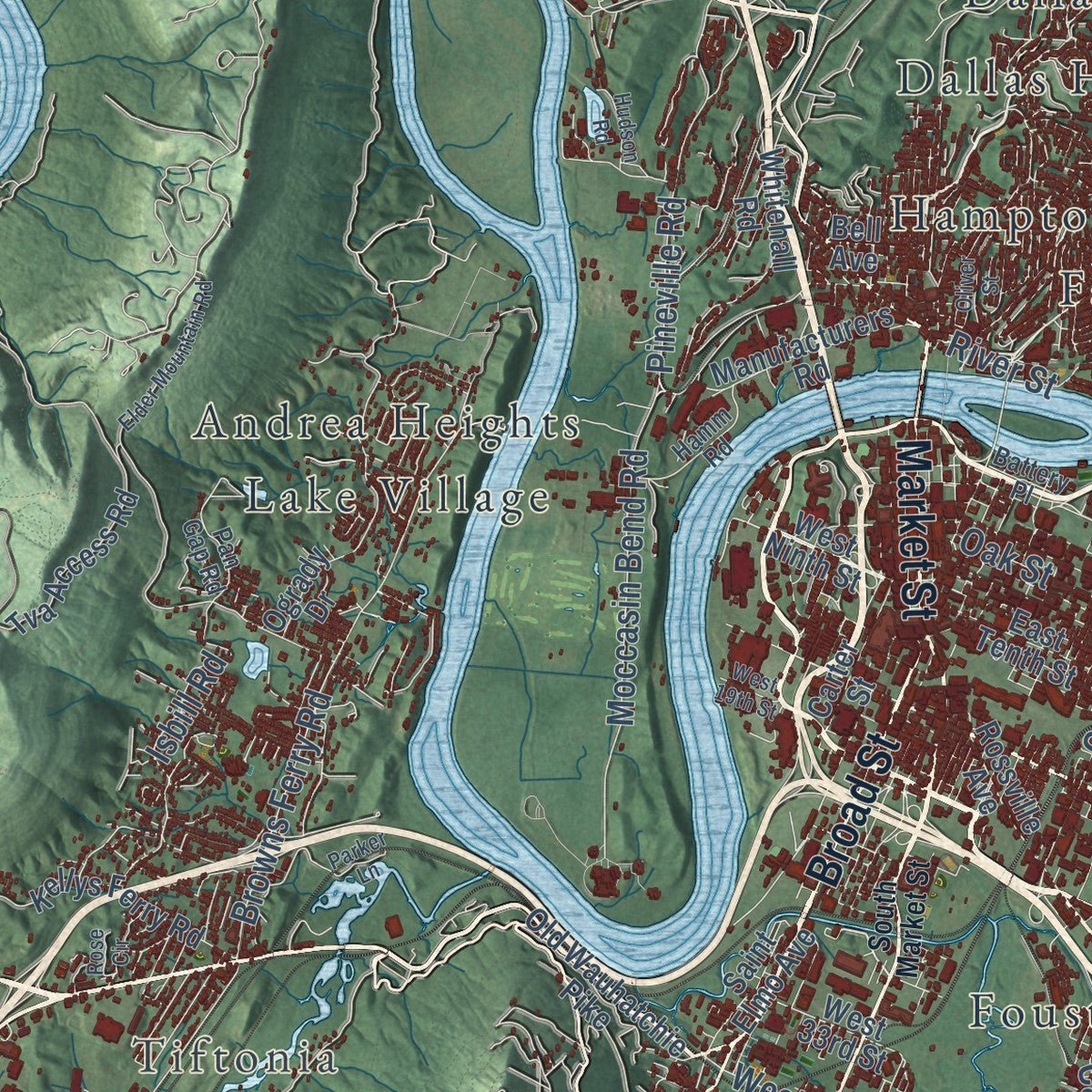 Second close-up of the map of Chattanooga, Tennessee print showing more streets and buildings