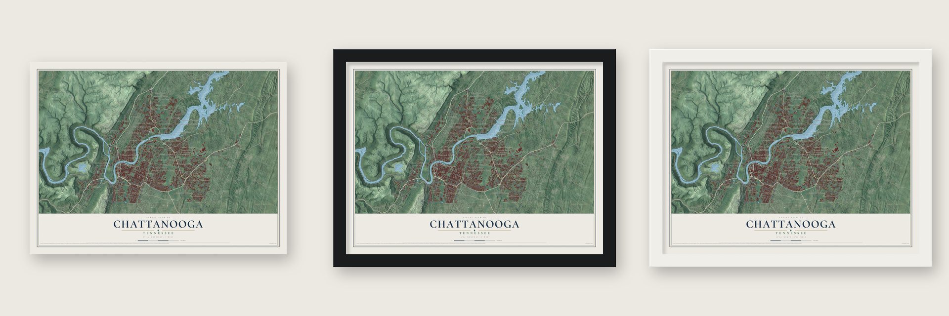 Chattanooga, Tennessee map unframed, in a black wood frame and in a white wood frame