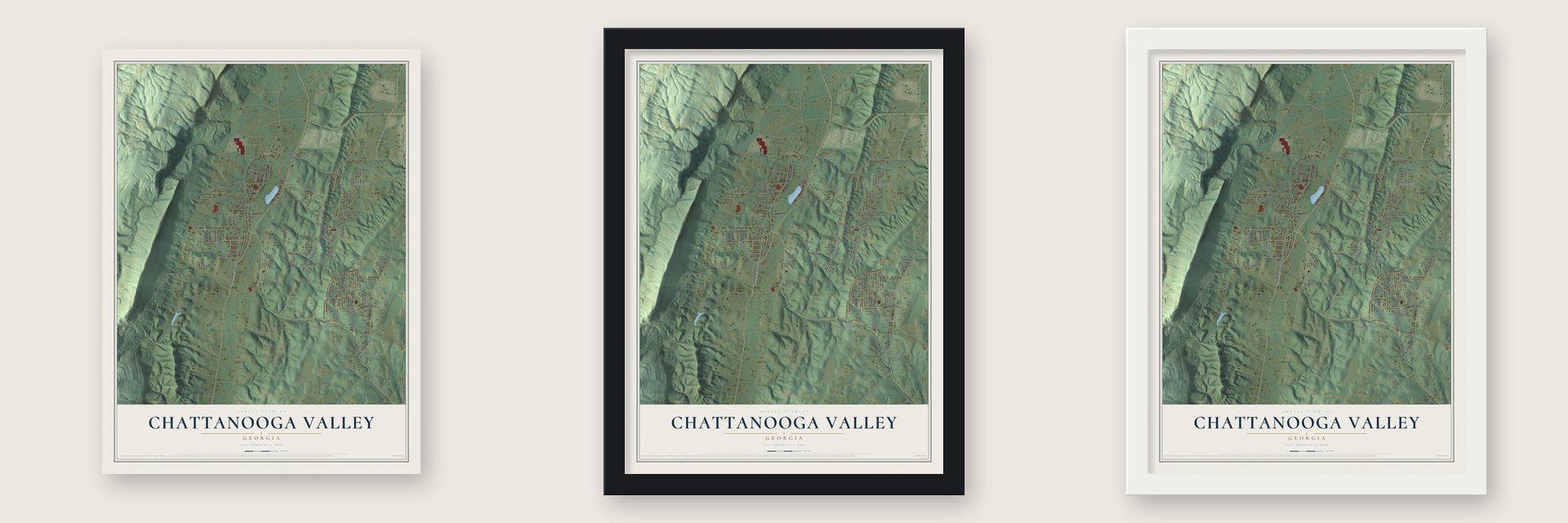 Chattanooga Valley, Georgia map unframed, in a black wood frame and in a white wood frame
