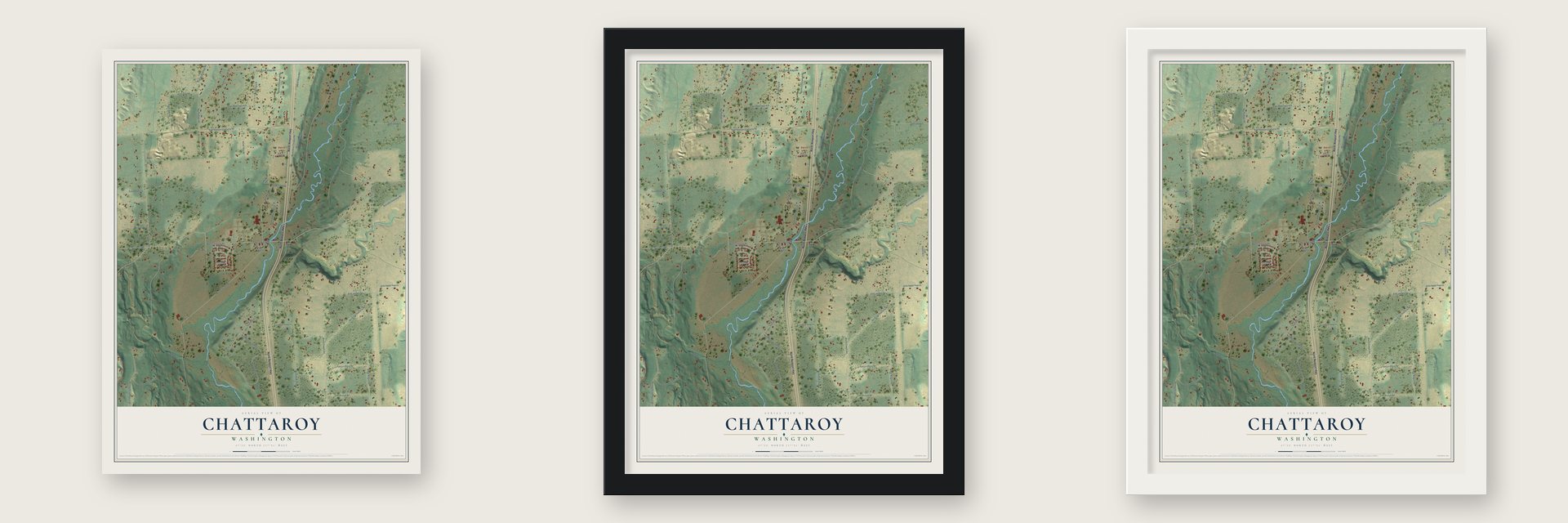 Chattaroy, Washington map unframed, in a black wood frame and in a white wood frame