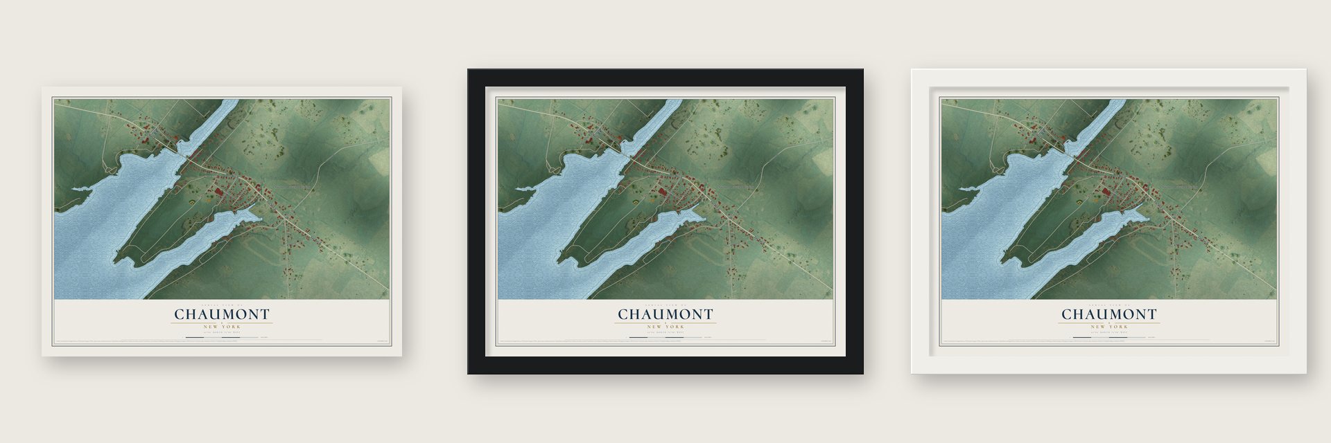 Chaumont, New York map unframed, in a black wood frame and in a white wood frame