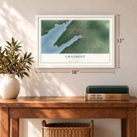 Chaumont, New York map, 12 x 18 inch print in a white frame in an entryway
