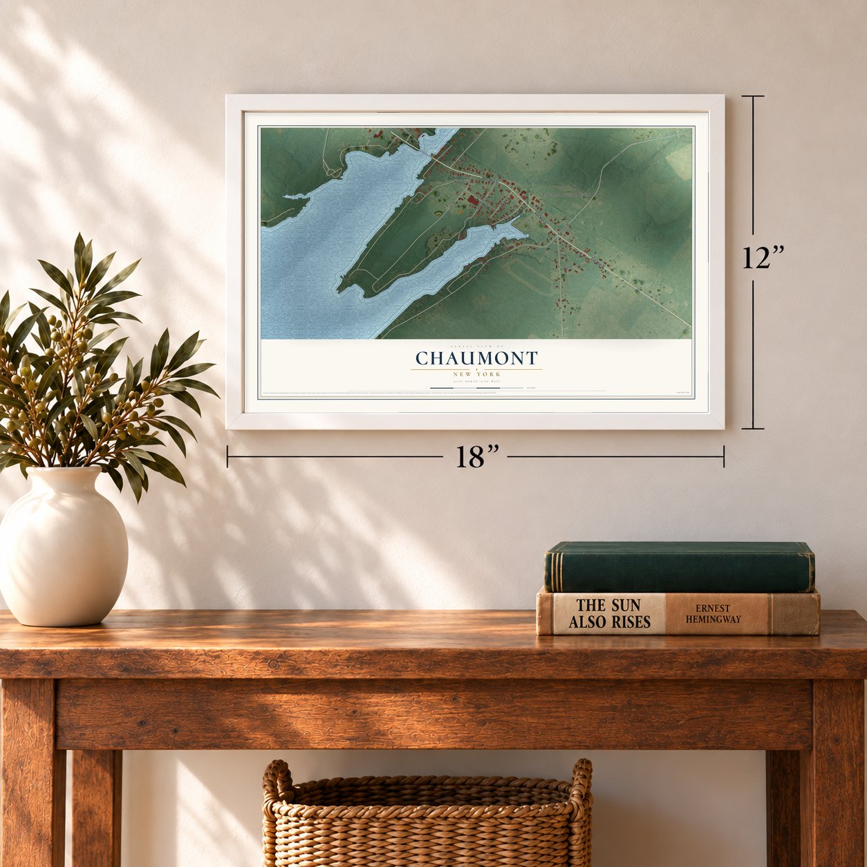 Chaumont, New York map, 12 x 18 inch print in a white frame in an entryway
