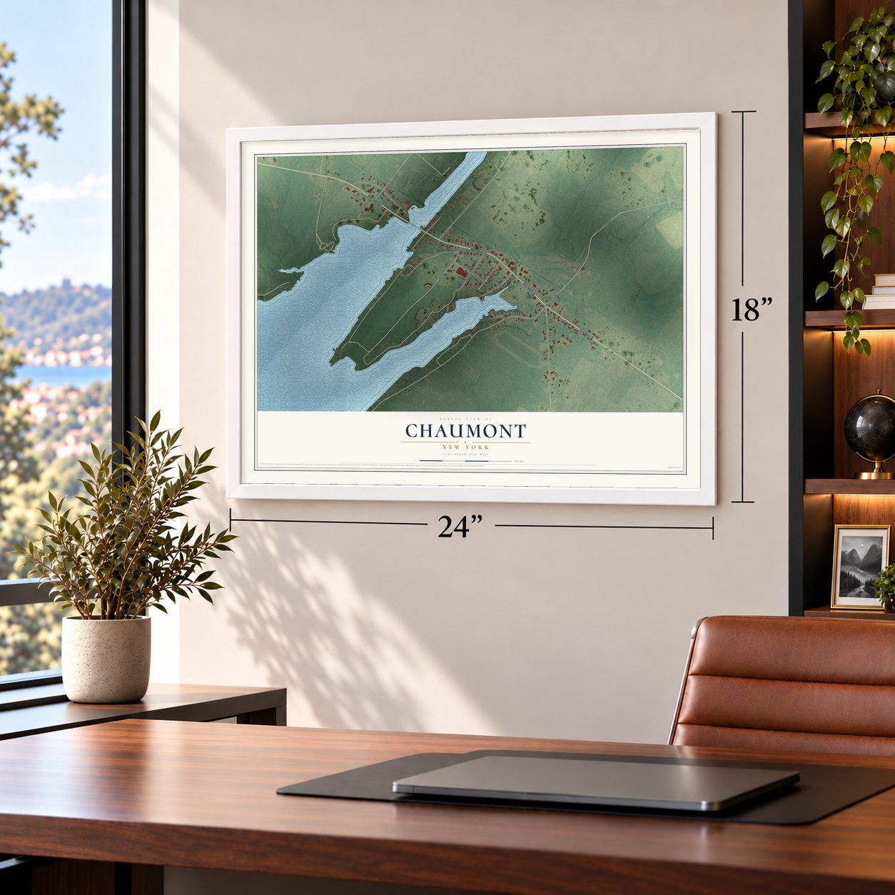 Chaumont, New York map, 18 x 24 inch print in a white frame in a home office
