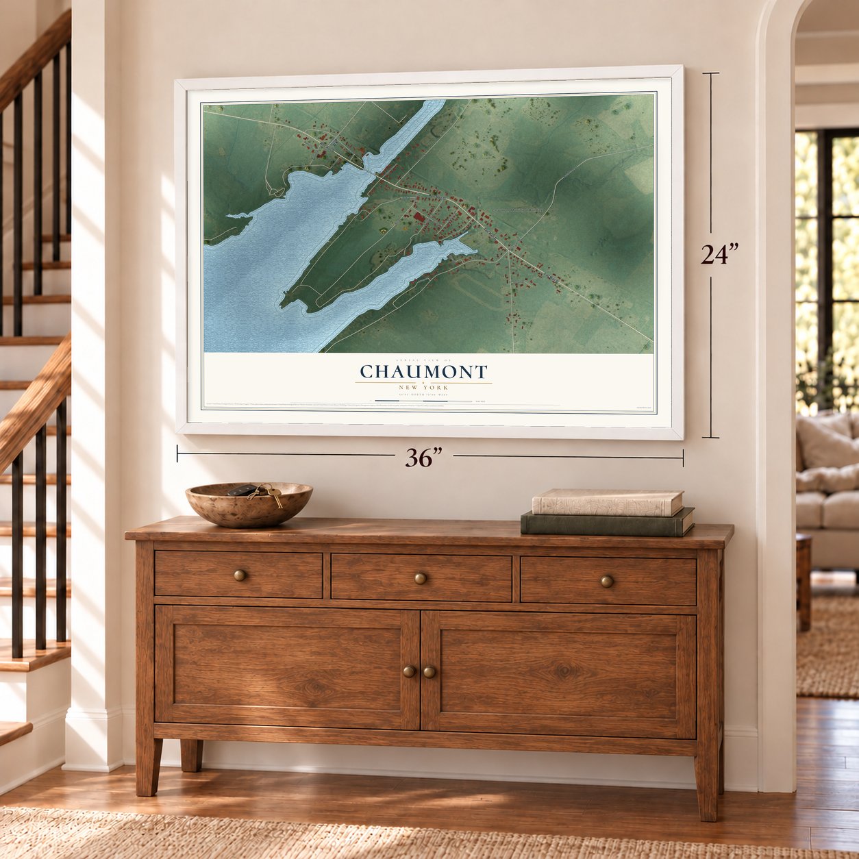 Chaumont, New York map, 24 x 36 inch print in a white frame above a dresser by a staircase