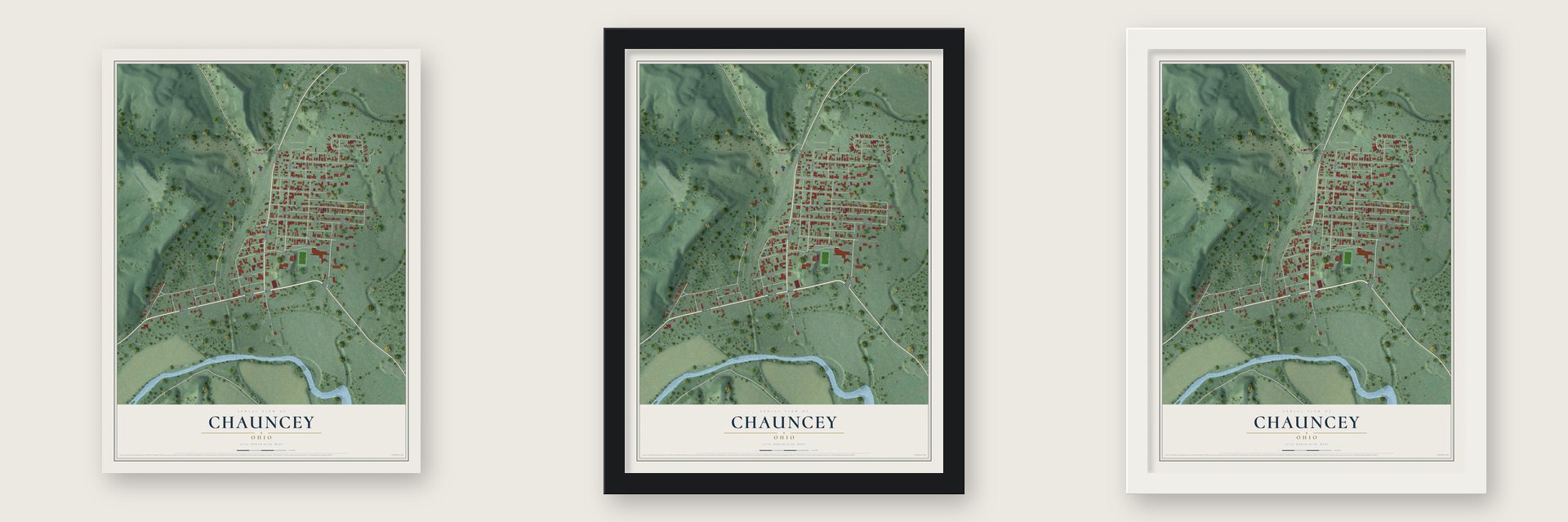 Chauncey, Ohio map unframed, in a black wood frame and in a white wood frame