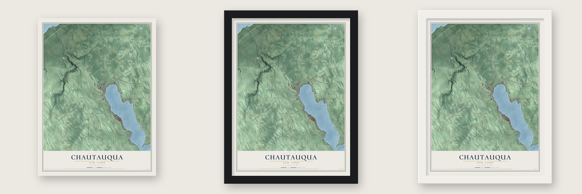 Chautauqua, New York map unframed, in a black wood frame and in a white wood frame