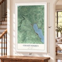 Chautauqua, New York map, 24 x 36 inch print in a white frame by a staircase