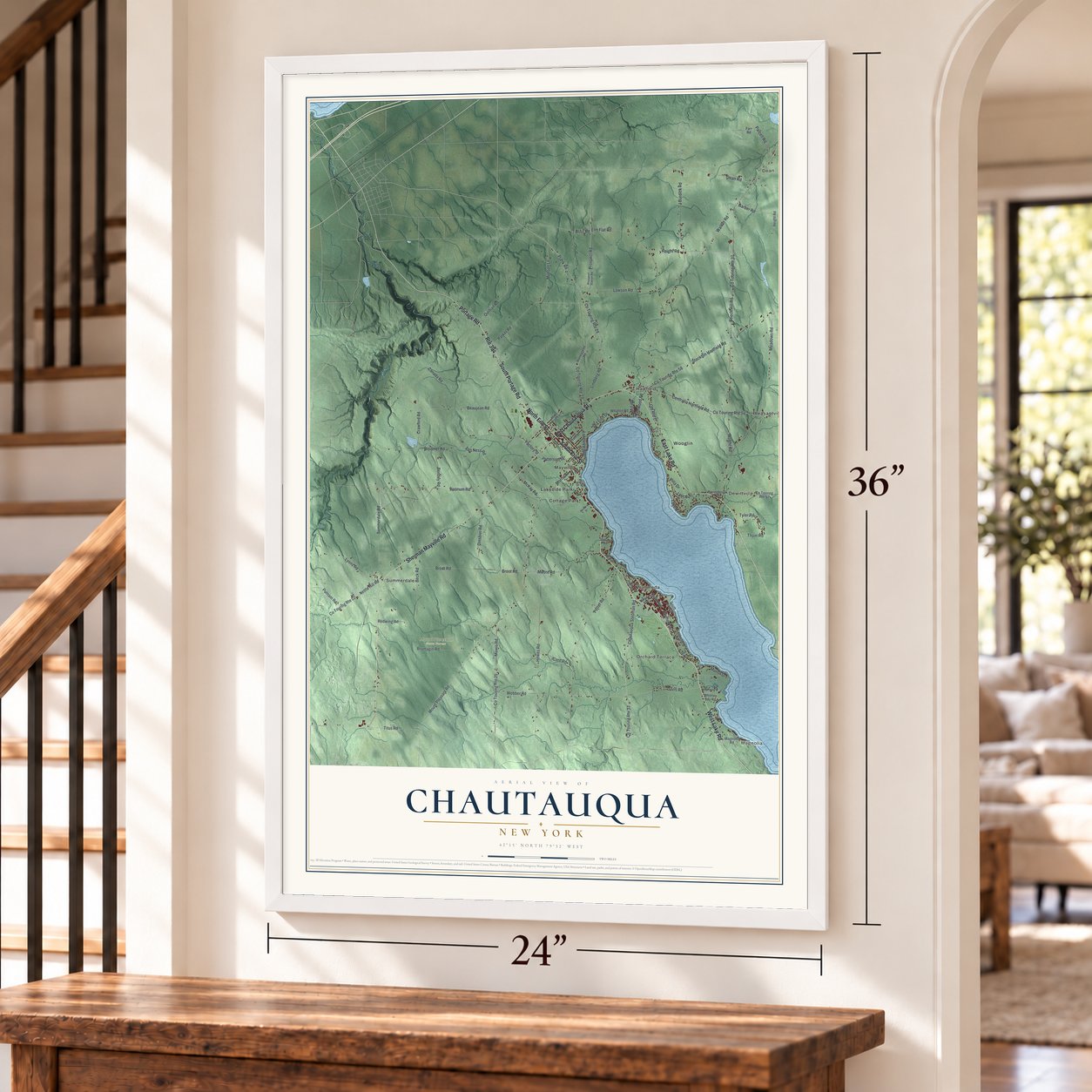 Chautauqua, New York map, 24 x 36 inch print in a white frame by a staircase