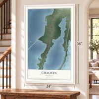 Chauvin, Louisiana map, 24 x 36 inch print in a white frame by a staircase