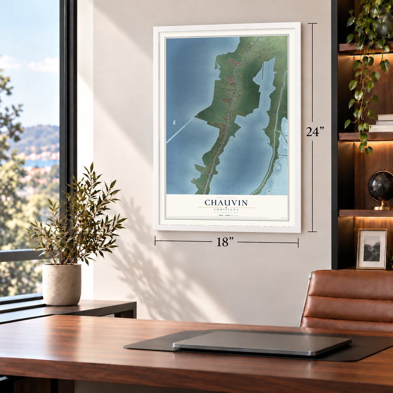 Chauvin, Louisiana map, 18 x 24 inch print in a white frame in a home office