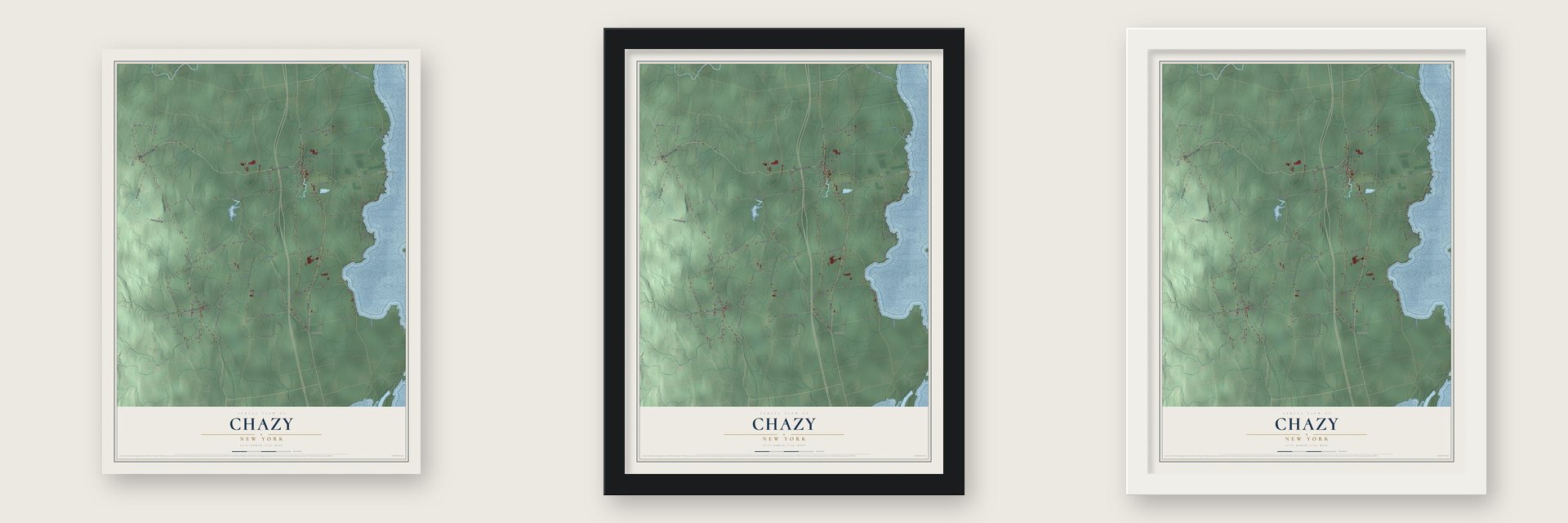 Chazy, New York map unframed, in a black wood frame and in a white wood frame