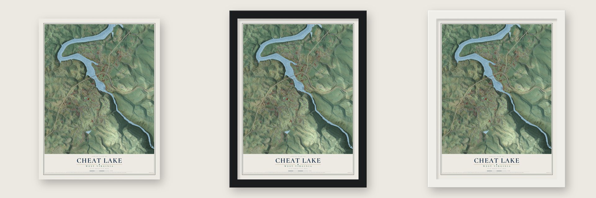 Cheat Lake, West Virginia map unframed, in a black wood frame and in a white wood frame