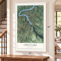 Cheat Lake, West Virginia map, 24 x 36 inch print in a white frame by a staircase