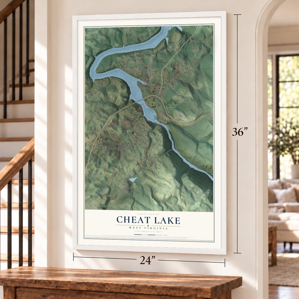 Cheat Lake, West Virginia map, 24 x 36 inch print in a white frame by a staircase