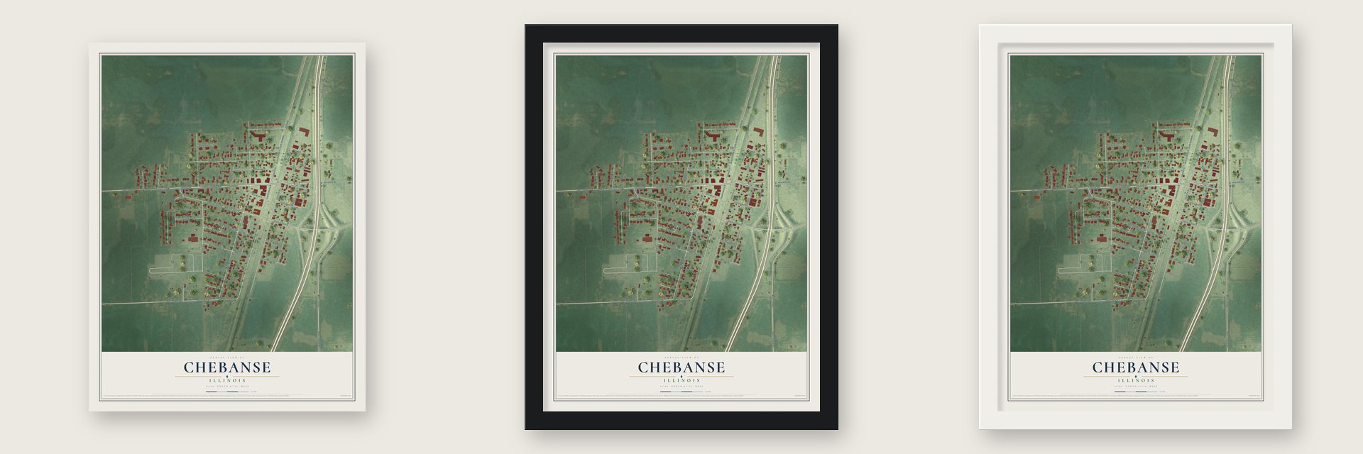 Chebanse, Illinois map unframed, in a black wood frame and in a white wood frame