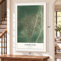 Chebanse, Illinois map, 24 x 36 inch print in a white frame by a staircase