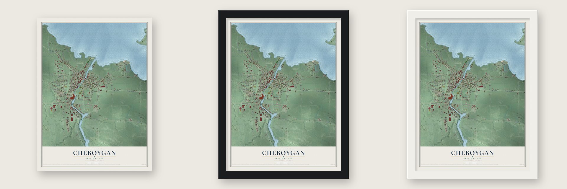 Cheboygan, Michigan map unframed, in a black wood frame and in a white wood frame