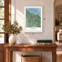 Cheboygan, Michigan map, 12 x 18 inch print in a white frame in an entryway
