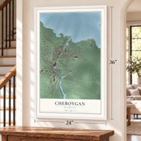 Cheboygan, Michigan map, 24 x 36 inch print in a white frame by a staircase