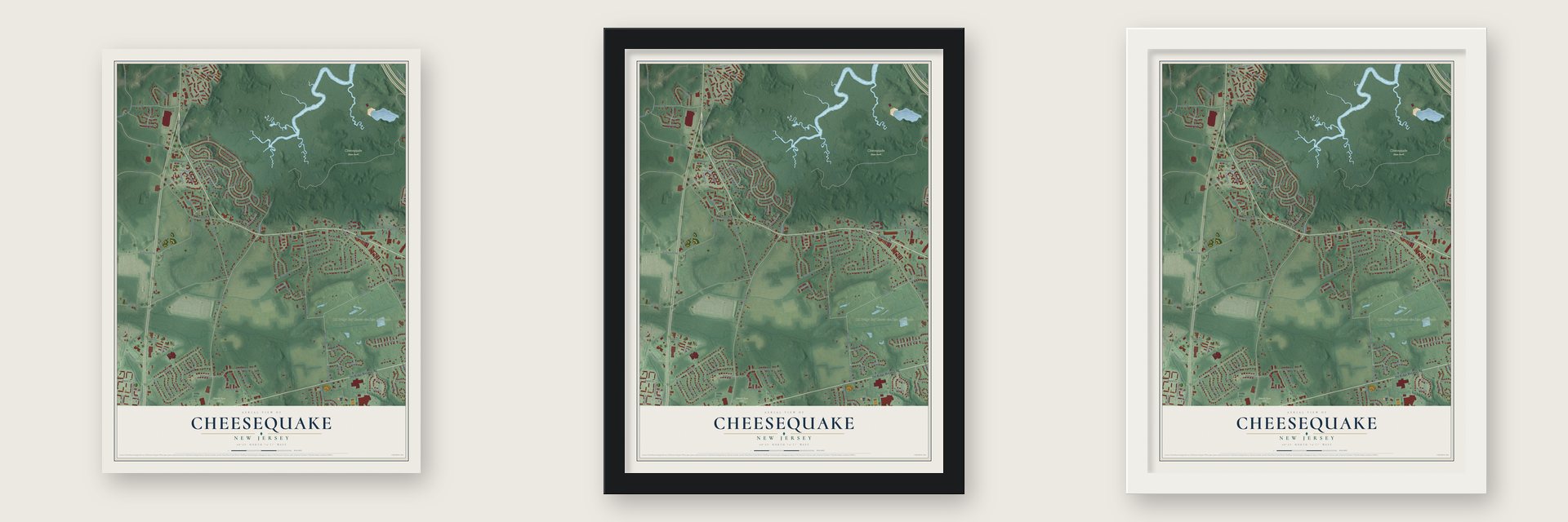Cheesequake, New Jersey map unframed, in a black wood frame and in a white wood frame