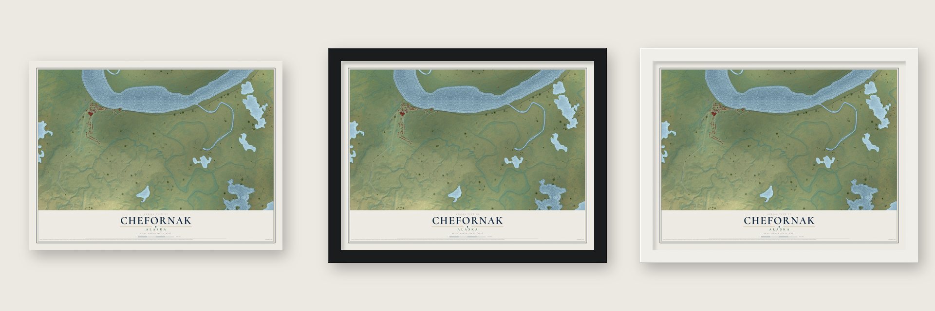 Chefornak, Alaska map unframed, in a black wood frame and in a white wood frame