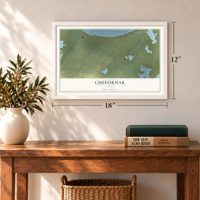Chefornak, Alaska map, 12 x 18 inch print in a white frame in an entryway
