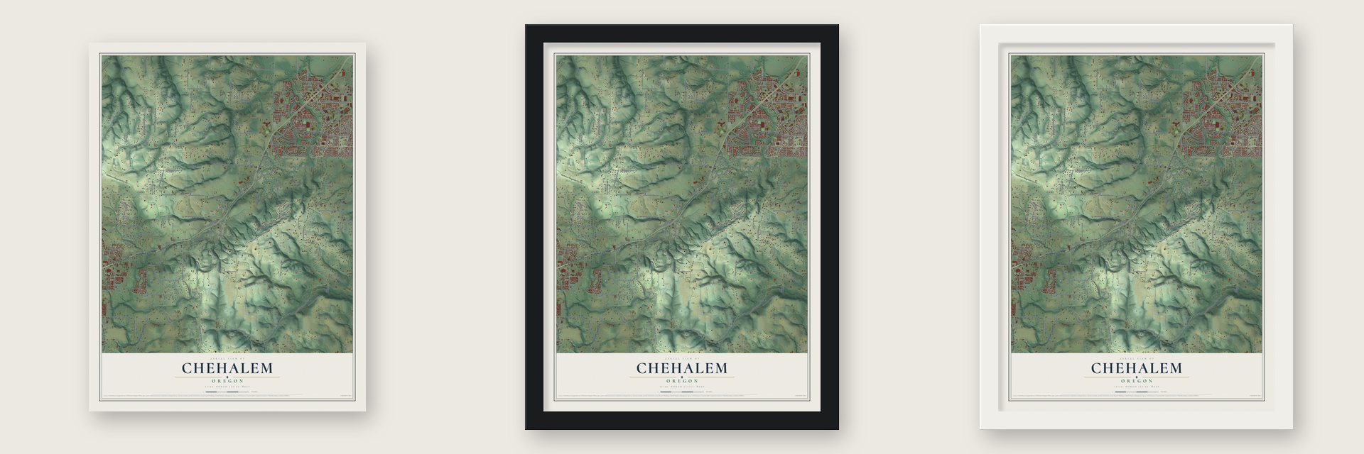 Chehalem, Oregon map unframed, in a black wood frame and in a white wood frame