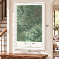 Chehalem, Oregon map, 24 x 36 inch print in a white frame by a staircase