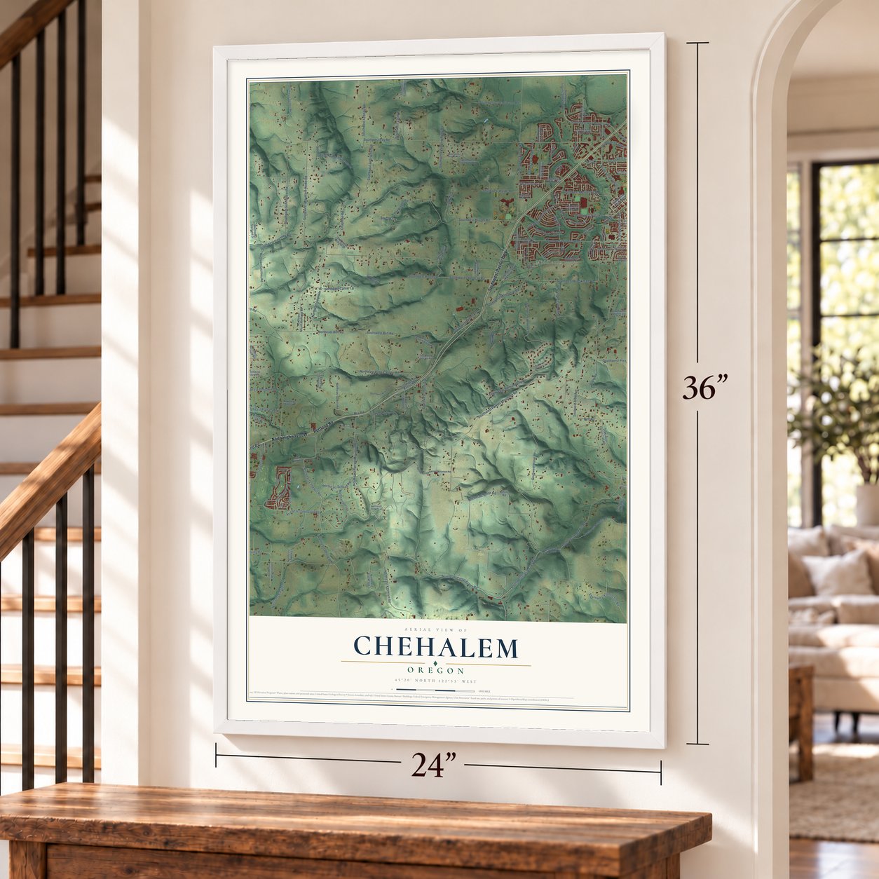 Chehalem, Oregon map, 24 x 36 inch print in a white frame by a staircase