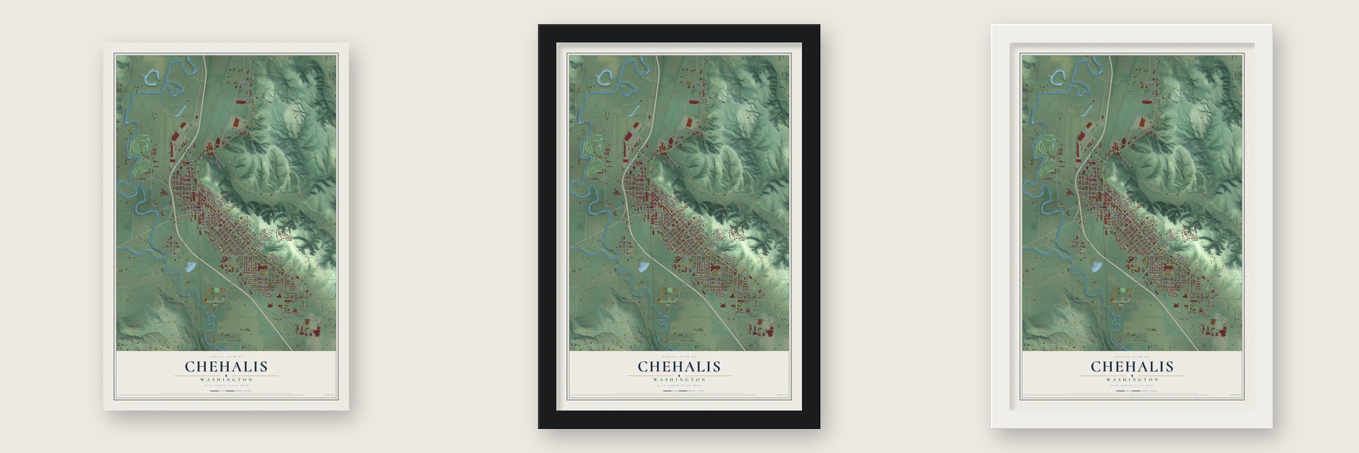 Chehalis, Washington map unframed, in a black wood frame and in a white wood frame