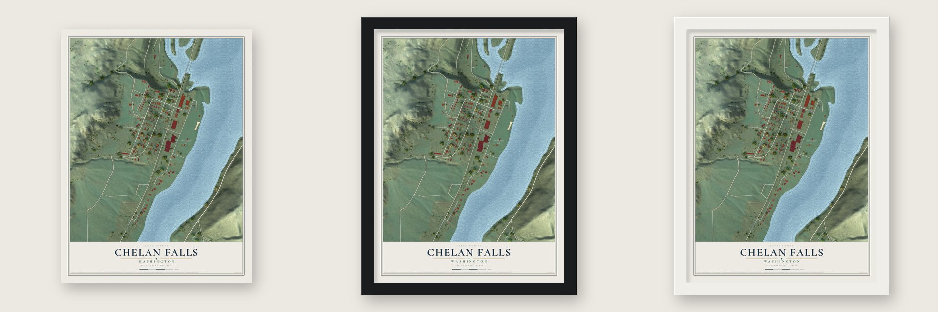 Chelan Falls, Washington map unframed, in a black wood frame and in a white wood frame