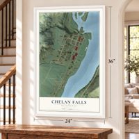 Chelan Falls, Washington map, 24 x 36 inch print in a white frame by a staircase