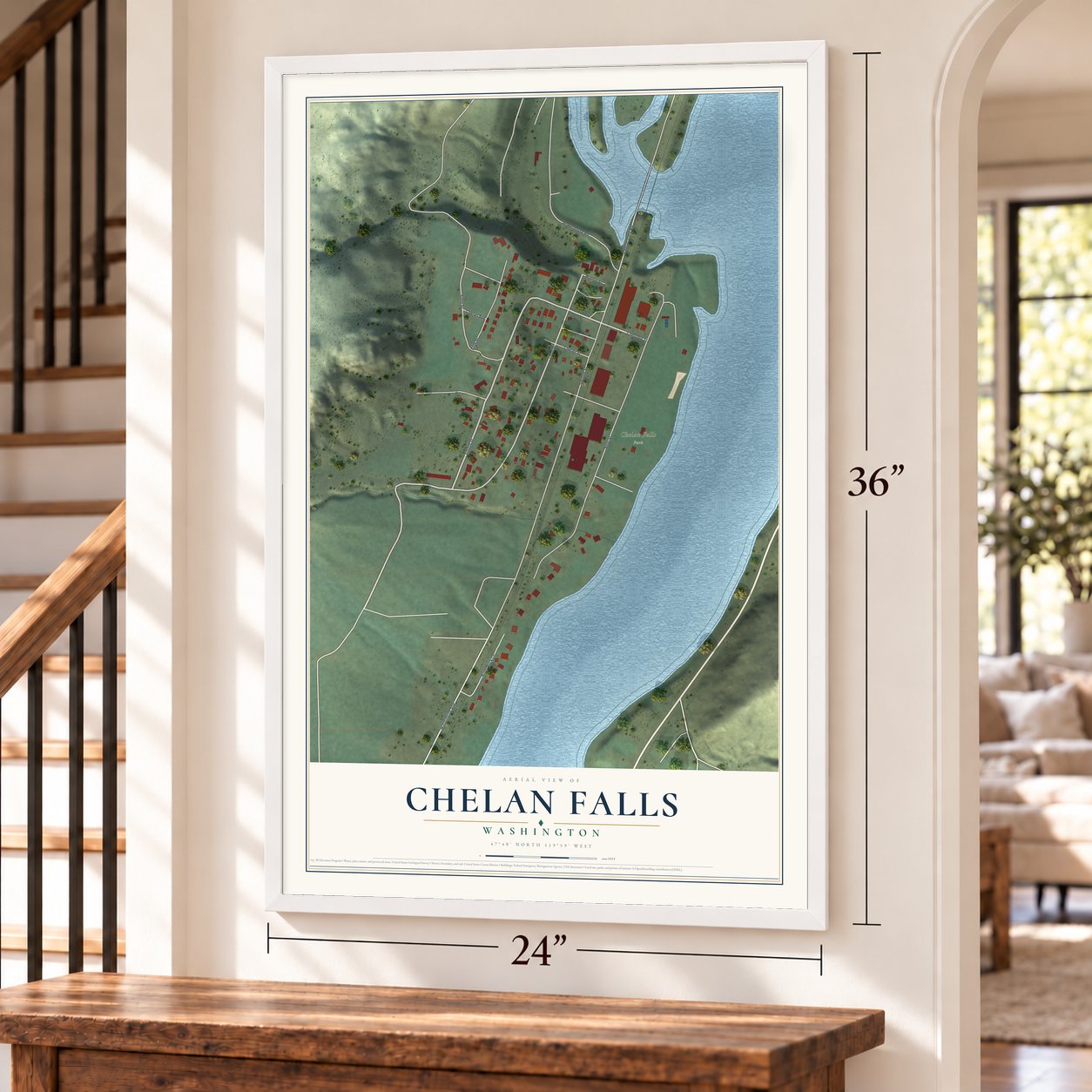 Chelan Falls, Washington map, 24 x 36 inch print in a white frame by a staircase