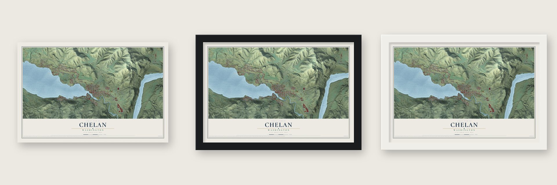 Chelan, Washington map unframed, in a black wood frame and in a white wood frame