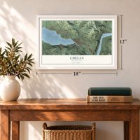 Chelan, Washington map, 12 x 18 inch print in a white frame in an entryway