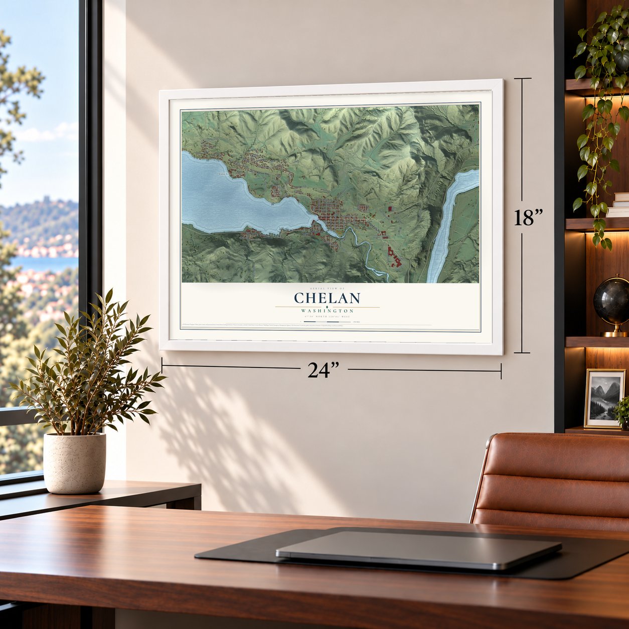 Chelan, Washington map, 18 x 24 inch print in a white frame in a home office