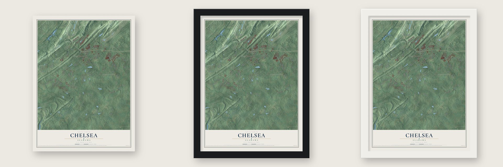 Chelsea, Alabama map unframed, in a black wood frame and in a white wood frame