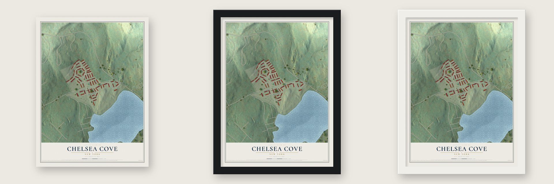 Chelsea Cove, New York map unframed, in a black wood frame and in a white wood frame