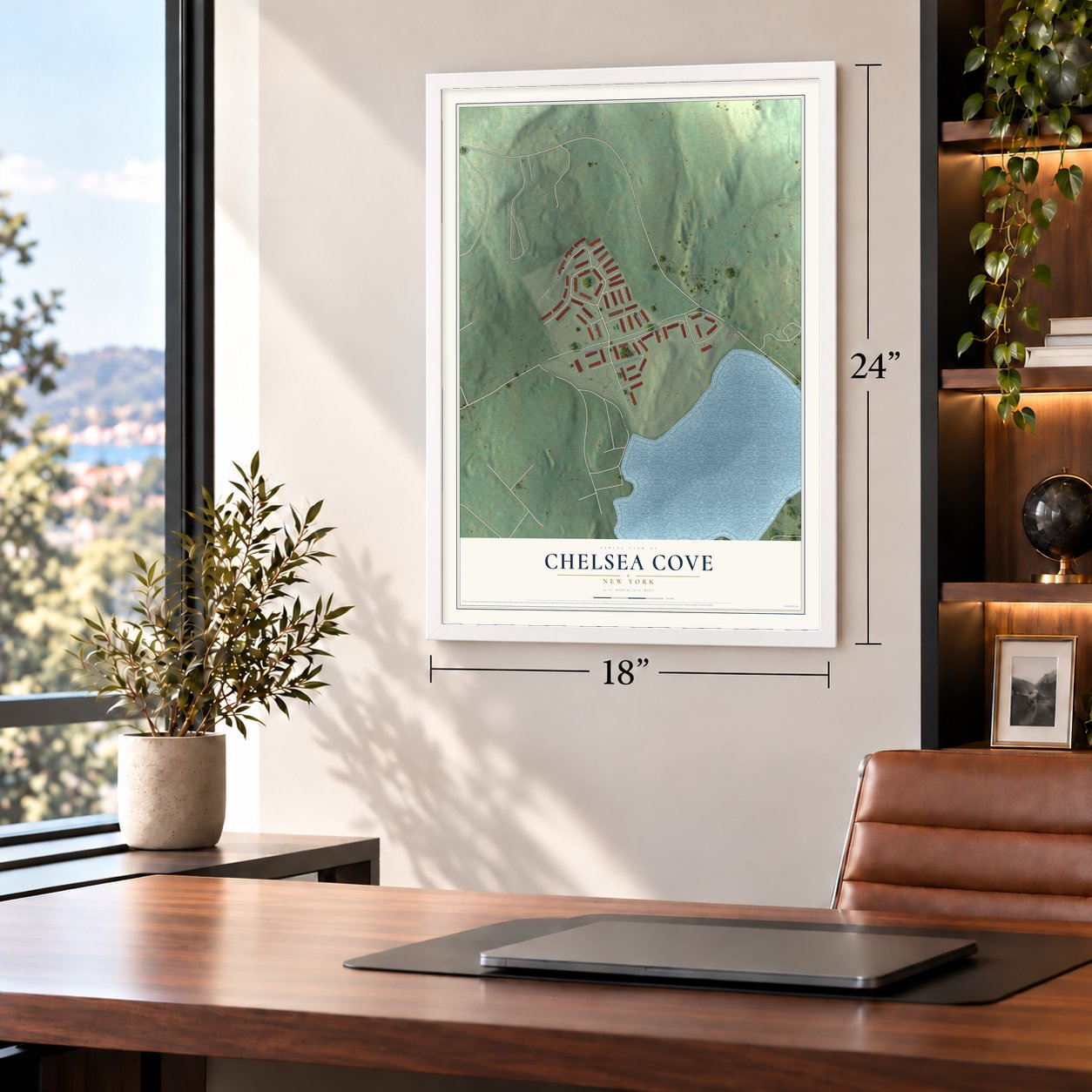 Chelsea Cove, New York map, 18 x 24 inch print in a white frame in a home office