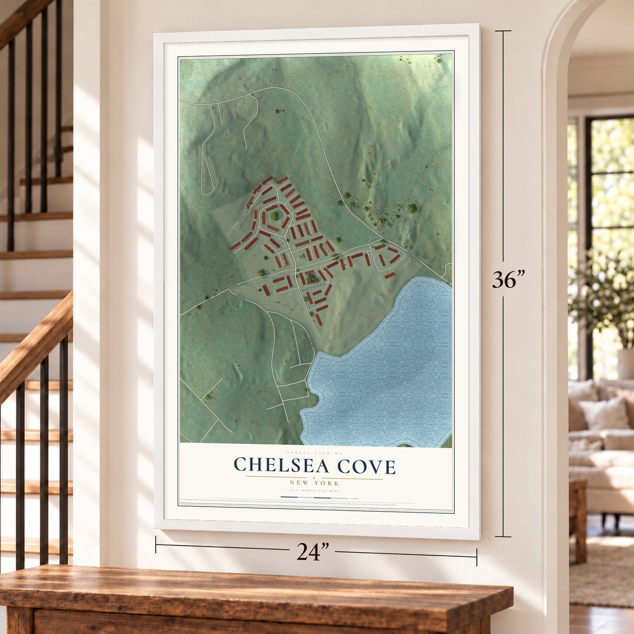 Chelsea Cove, New York map, 24 x 36 inch print in a white frame by a staircase