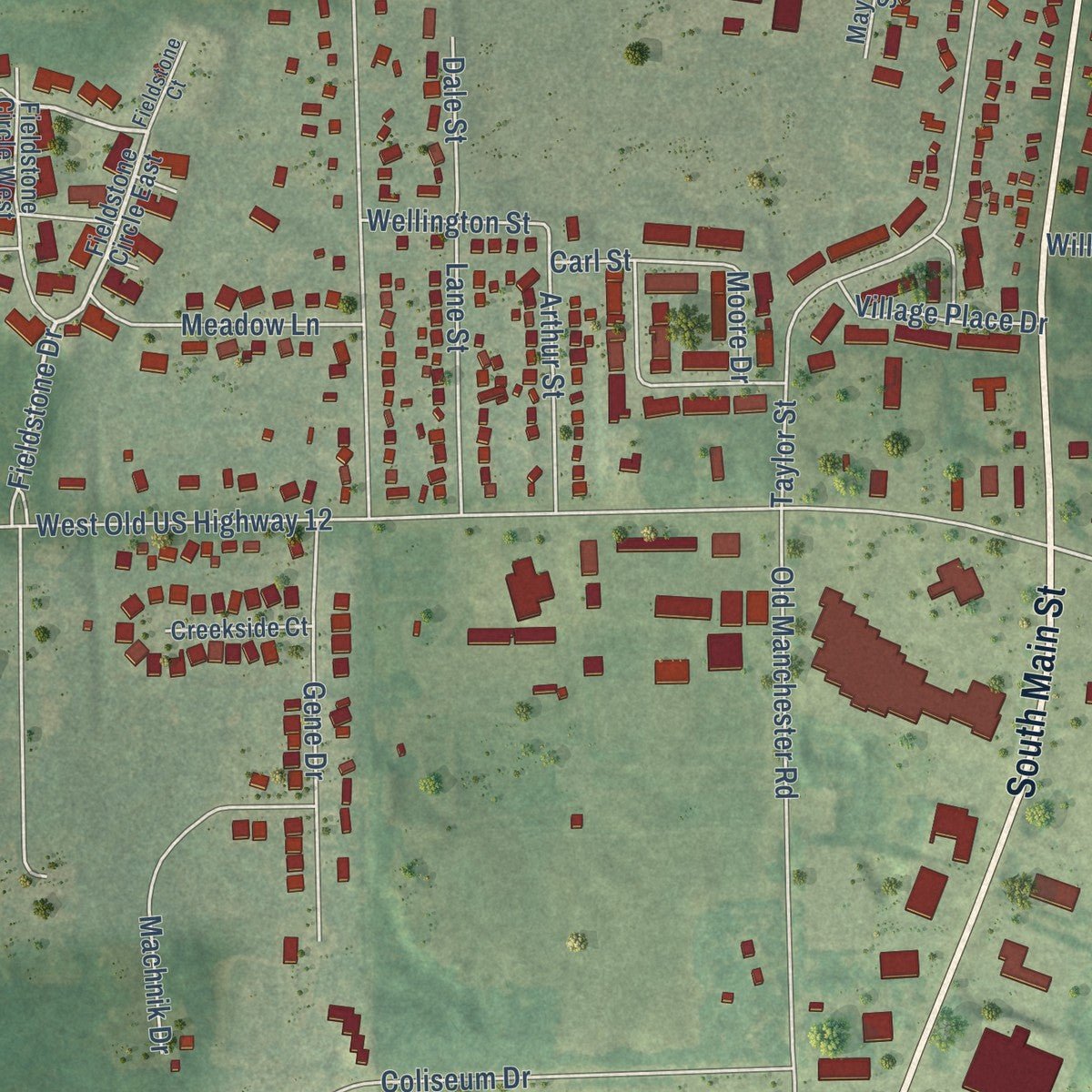 Second close-up of the map of Chelsea, Michigan print showing more streets and buildings