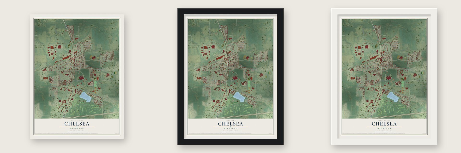 Chelsea, Michigan map unframed, in a black wood frame and in a white wood frame
