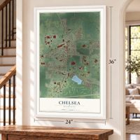 Chelsea, Michigan map, 24 x 36 inch print in a white frame by a staircase