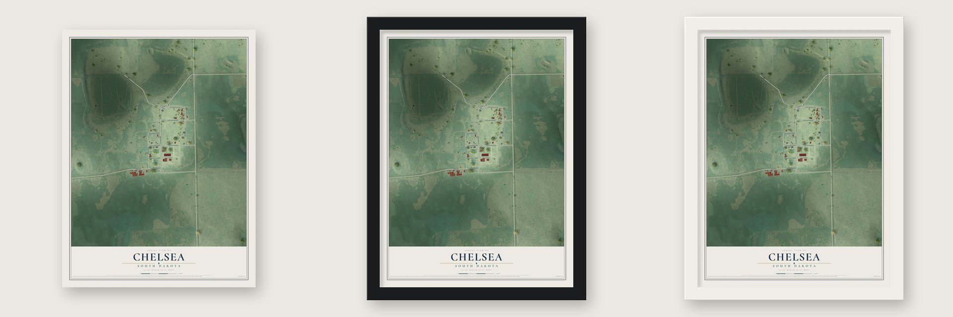 Chelsea, South Dakota map unframed, in a black wood frame and in a white wood frame