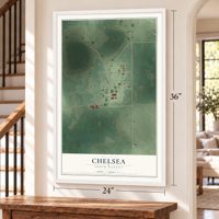 Chelsea, South Dakota map, 24 x 36 inch print in a white frame by a staircase