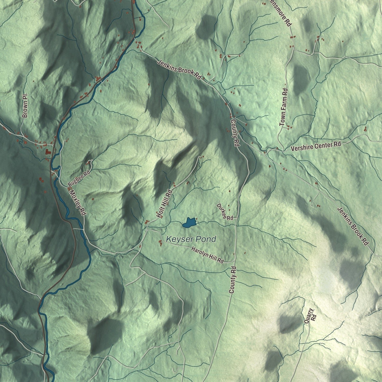Close-up of the map of Chelsea, Vermont print showing terrain and local geography