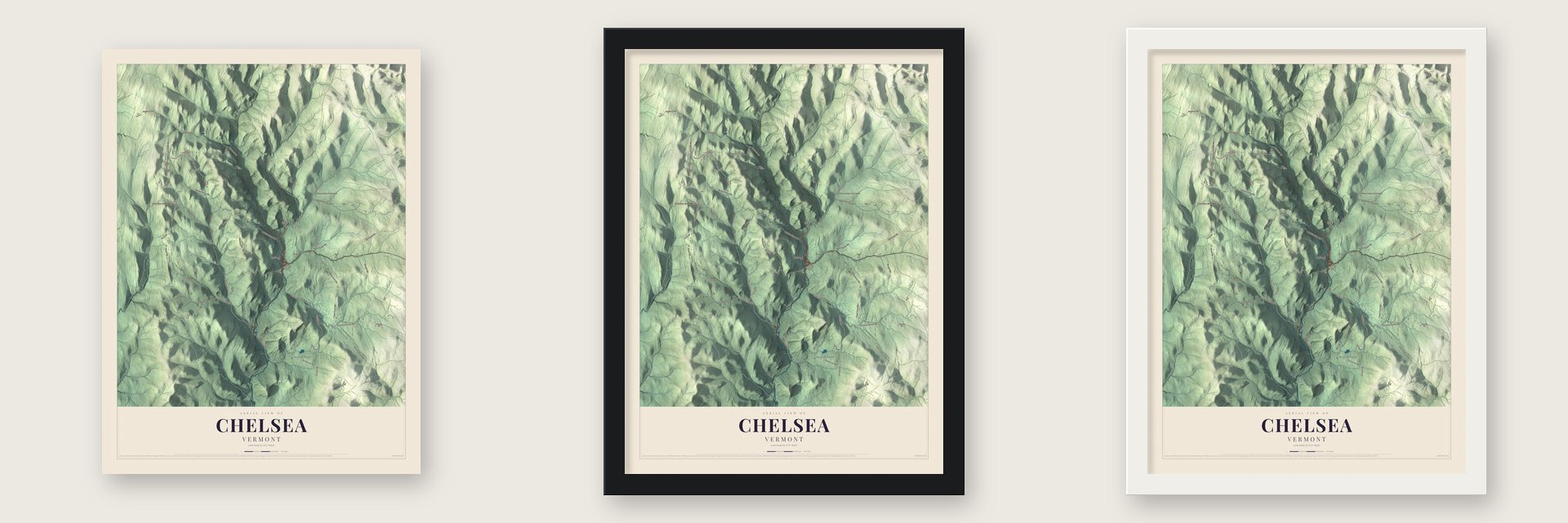 Chelsea, Vermont map unframed, in a black wood frame and in a white wood frame
