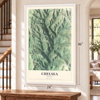 Chelsea, Vermont map, 24 x 36 inch print in a white frame by a staircase