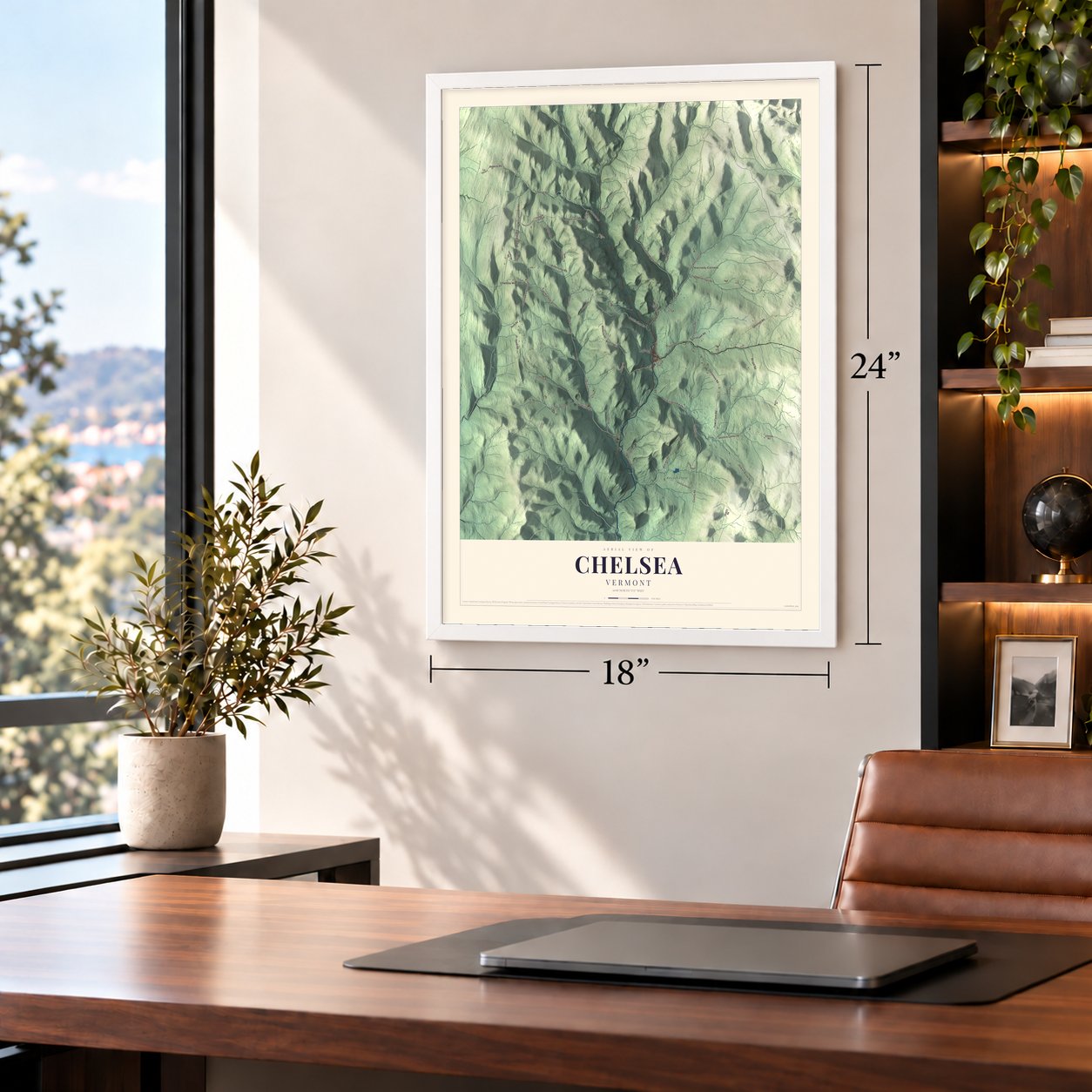 Chelsea, Vermont map, 18 x 24 inch print in a white frame in a home office